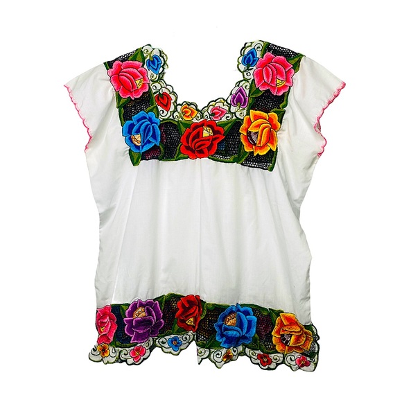 Vintage Tops - Vntg Mexican Embroidery Tunic Top Floral Cotton XL